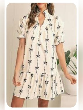 Cream Bow-Print Bubble Sleeve Babydoll Midi Dress